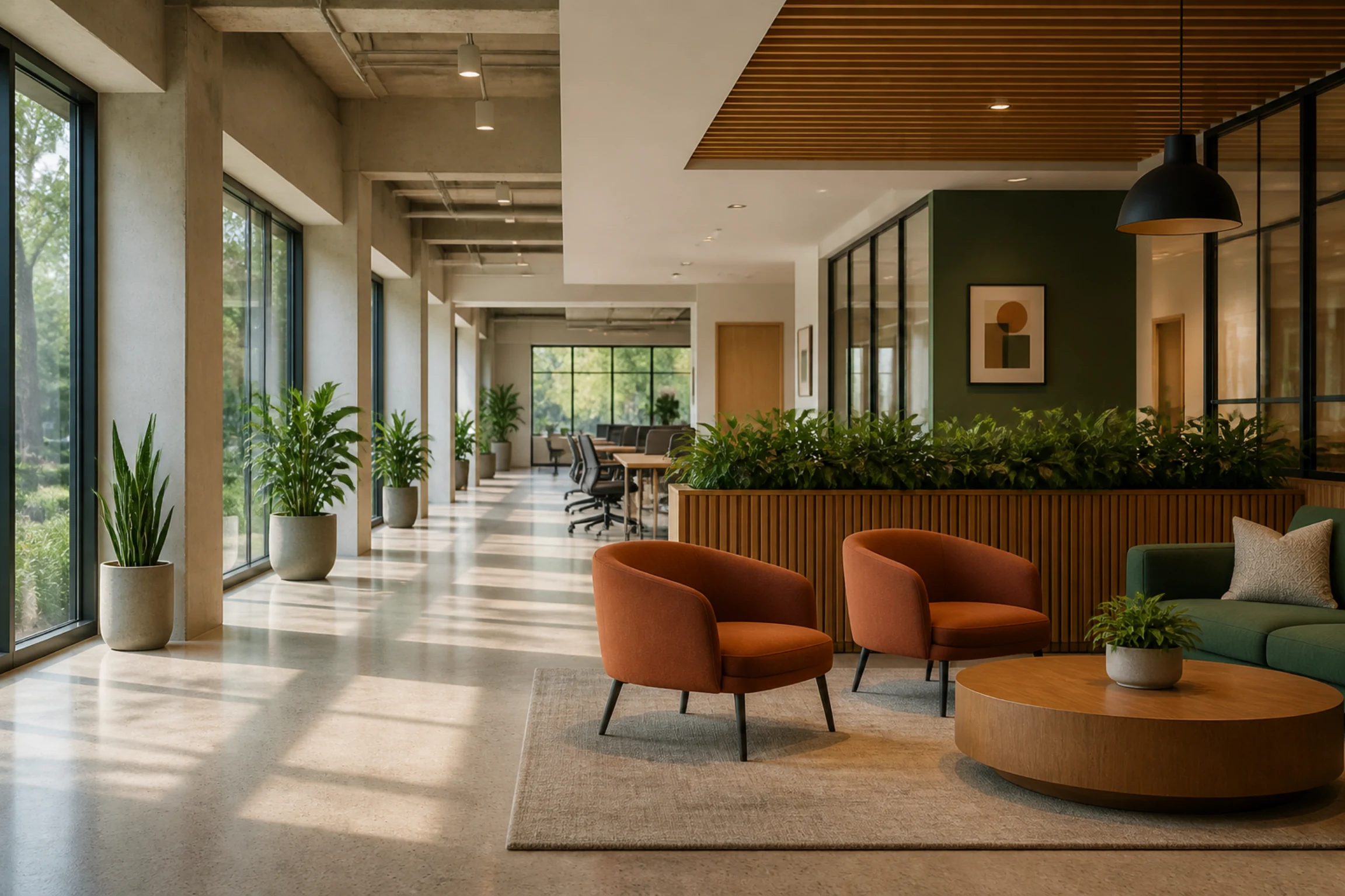 Sunlit civic-style office lounge in Elk Grove