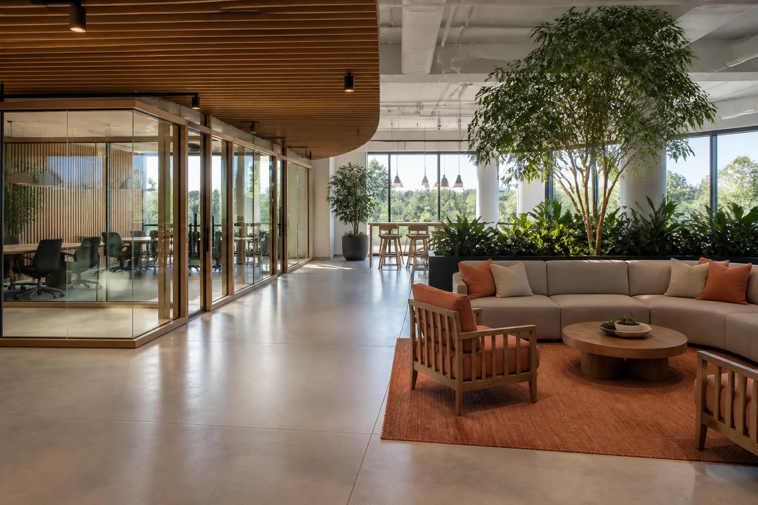 Shared lounge with seating and hard-surface walkways