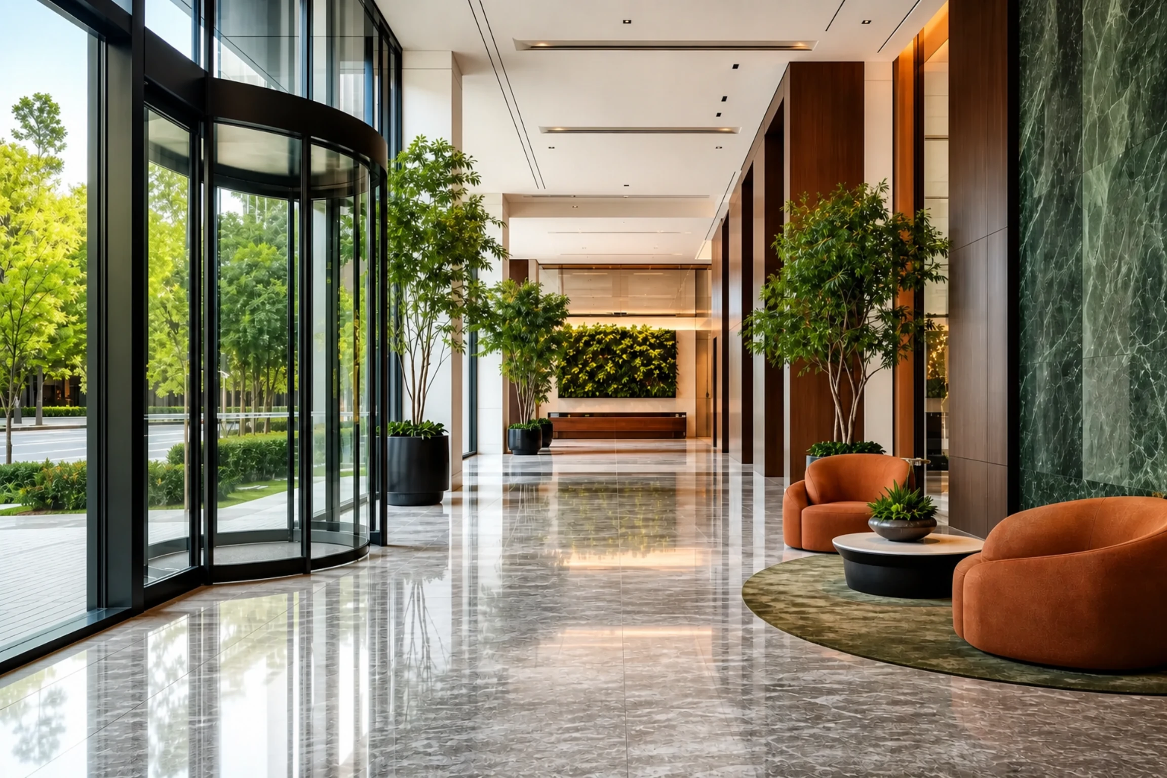 Finished entry lobby with stone floors and glass doors