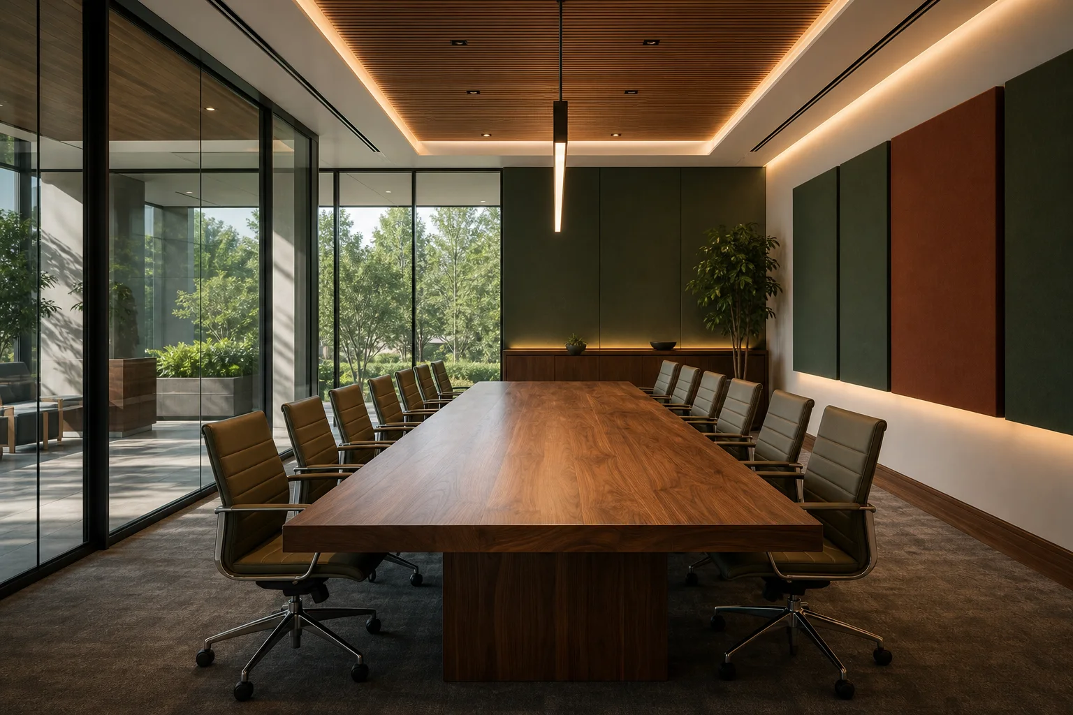 Carpeted conference room with a long wood table