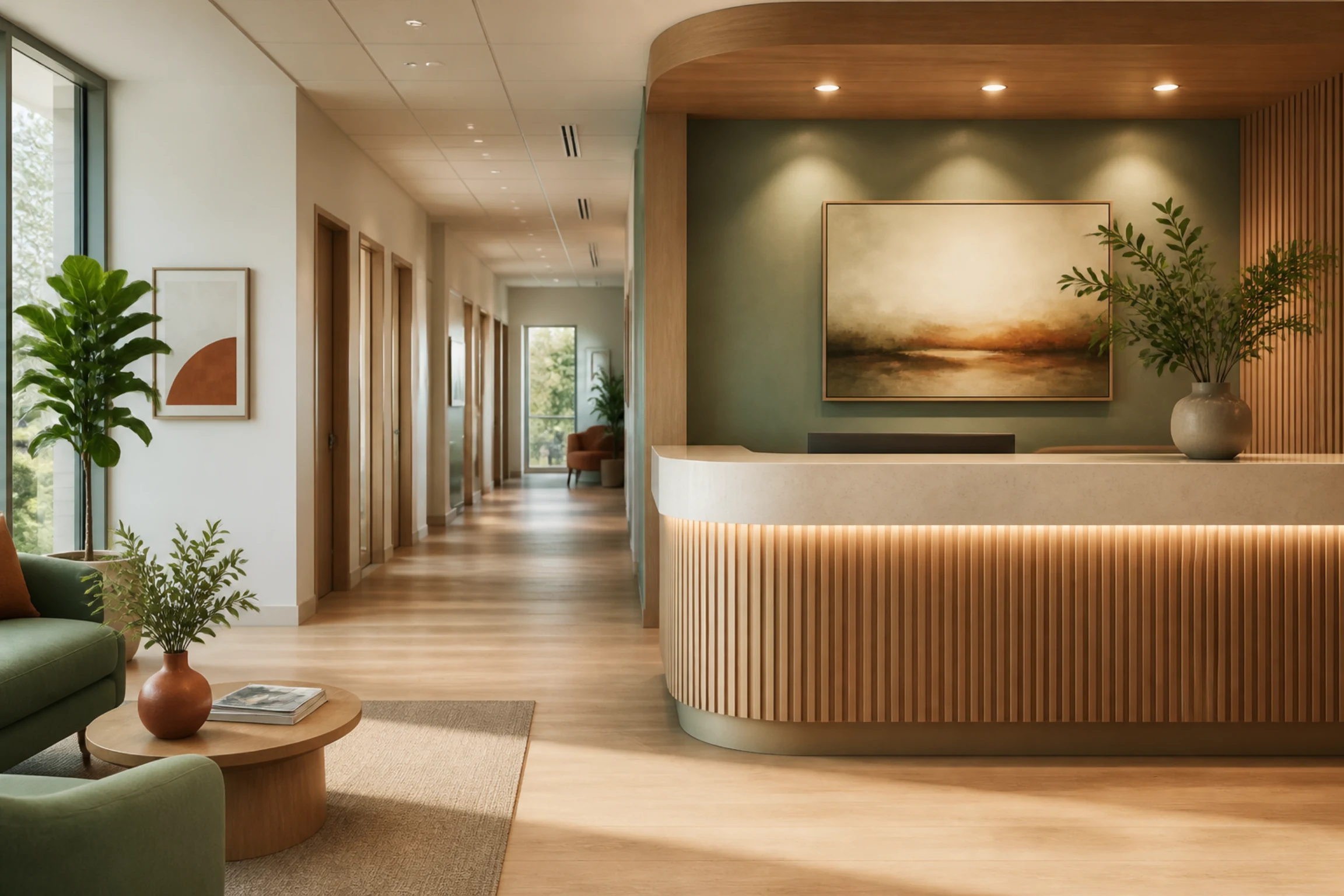 Calm medical office reception and corridor in Elk Grove