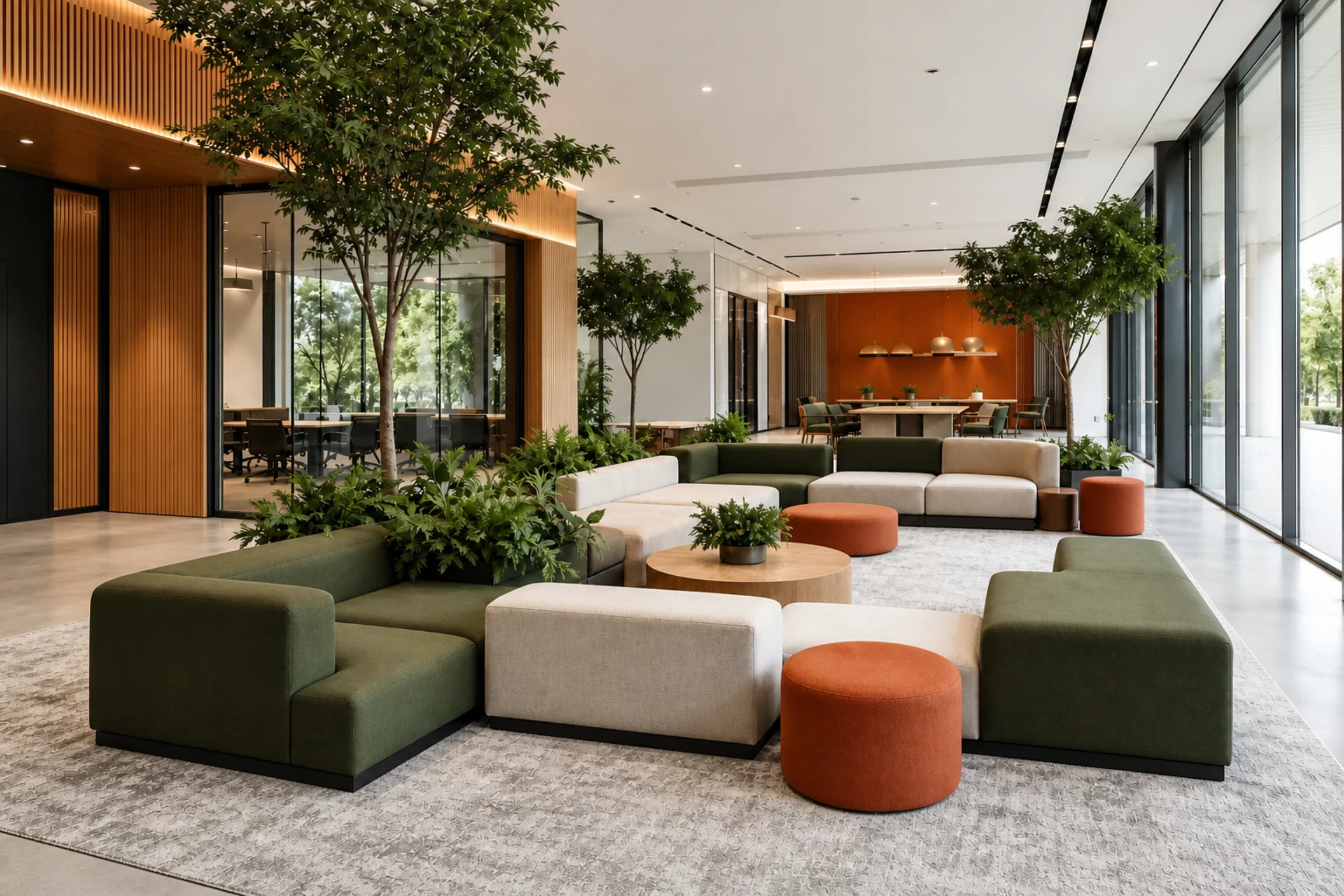 Finished interior with lounge seating and meeting rooms