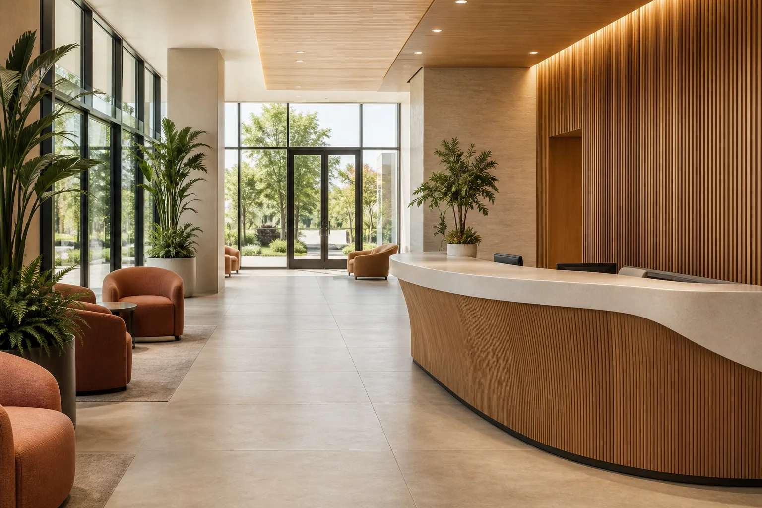 Reception desk beside an entrance and seating area