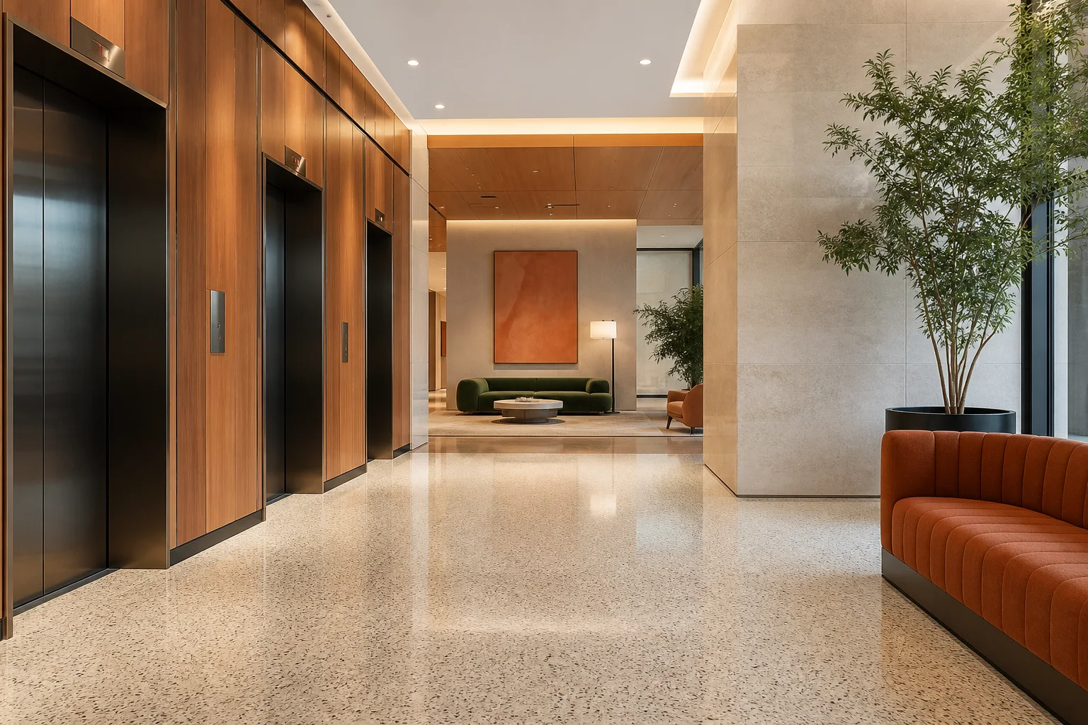 Terrazzo floor in an Elk Grove commercial elevator lobby